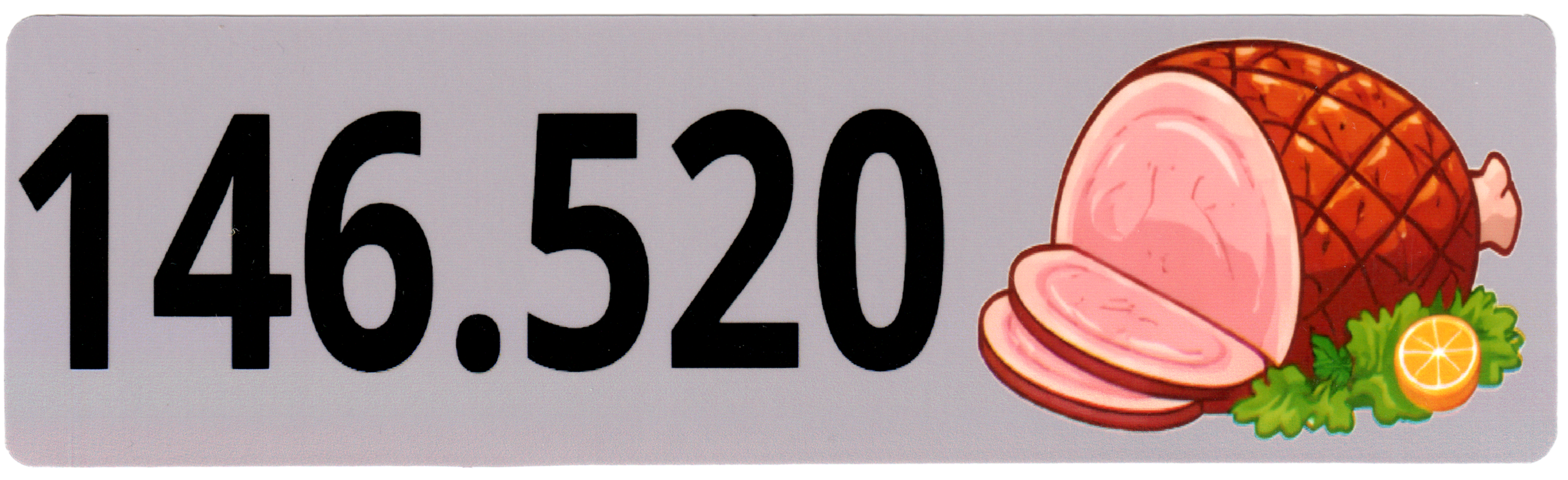 Ham radio calling frequency bumper sticker featuring 146.520 bold numbers next to an image of a cooked ham on a grey background